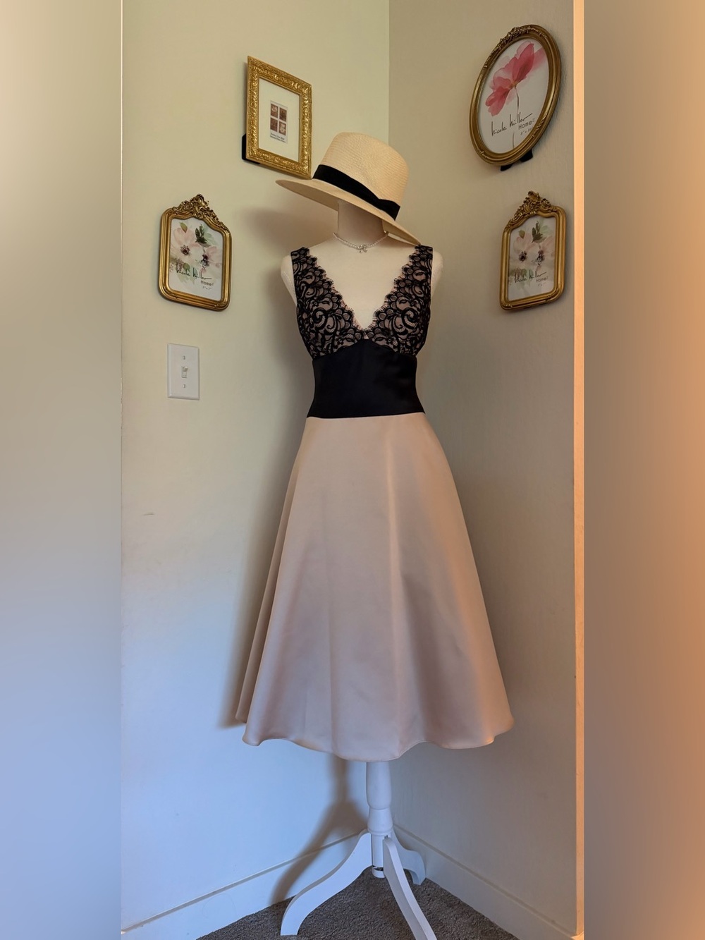 Laundry By Shelli Segal Black Lace Bodice Blush Midi Dress /Vintage